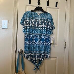 ONE WORLD Teal and White Patterned Blouse